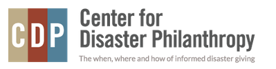 The Center for Disaster Philanthropy, which features their acronym in tan, maroon, and blue boxes to the left of their spelled out name and their tagline. Posted to accompany their blog post, Actions Have Consequences.